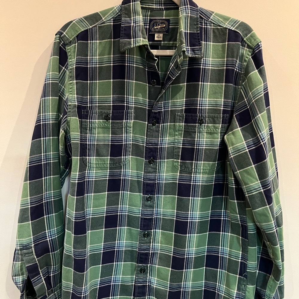 J. Crew Men's Green and Navy Plaid Shirt